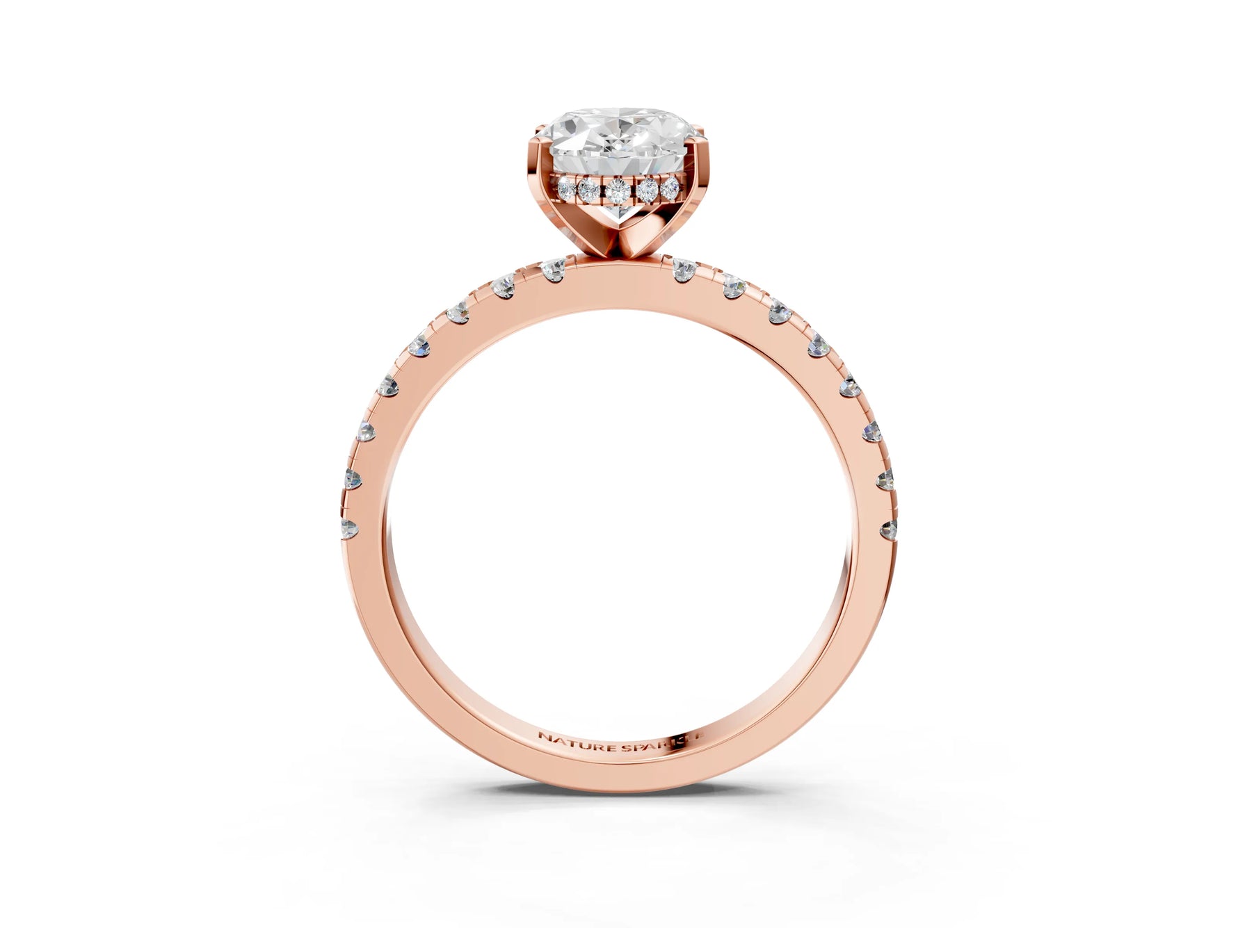 Oval Cut Diamond Hidden Halo Solitaire Ring in Rose gold with Round Pavé Band and Prong Setting_39