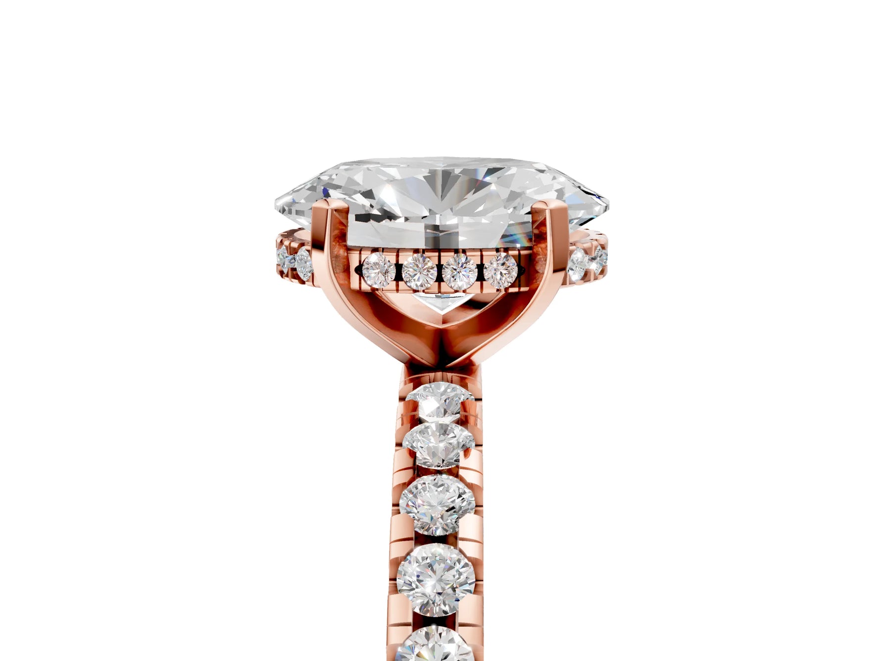 Oval Cut Diamond Hidden Halo Solitaire Ring in Rose gold with Round Pavé Band and Prong Setting_41