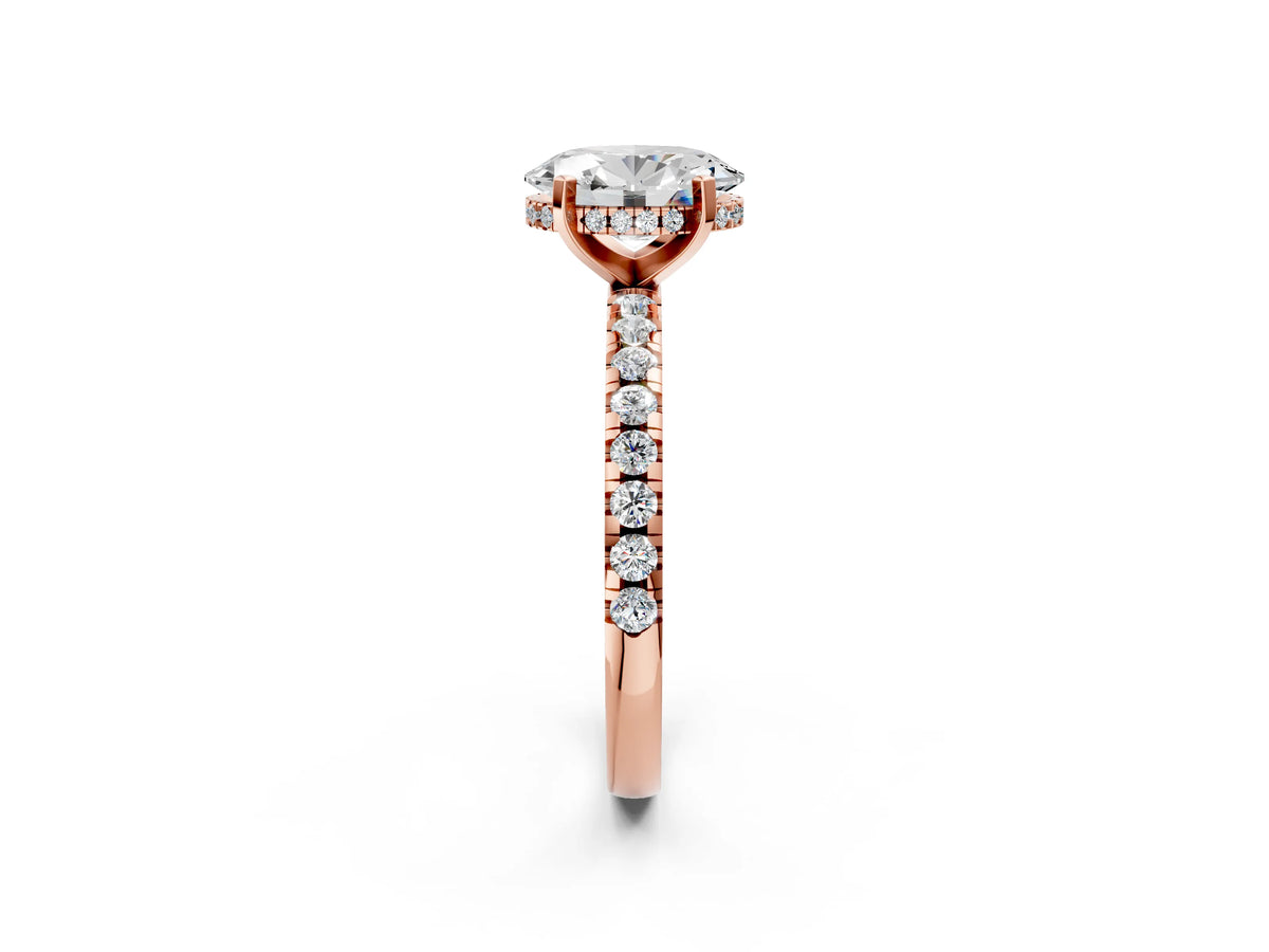 Oval Cut Diamond Hidden Halo Solitaire Ring in Rose gold with Round Pavé Band and Prong Setting_50
