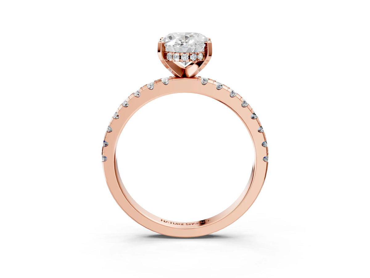 Oval Cut Diamond Hidden Halo Solitaire Ring in Rose gold with Round Pavé Band and Prong Setting_51