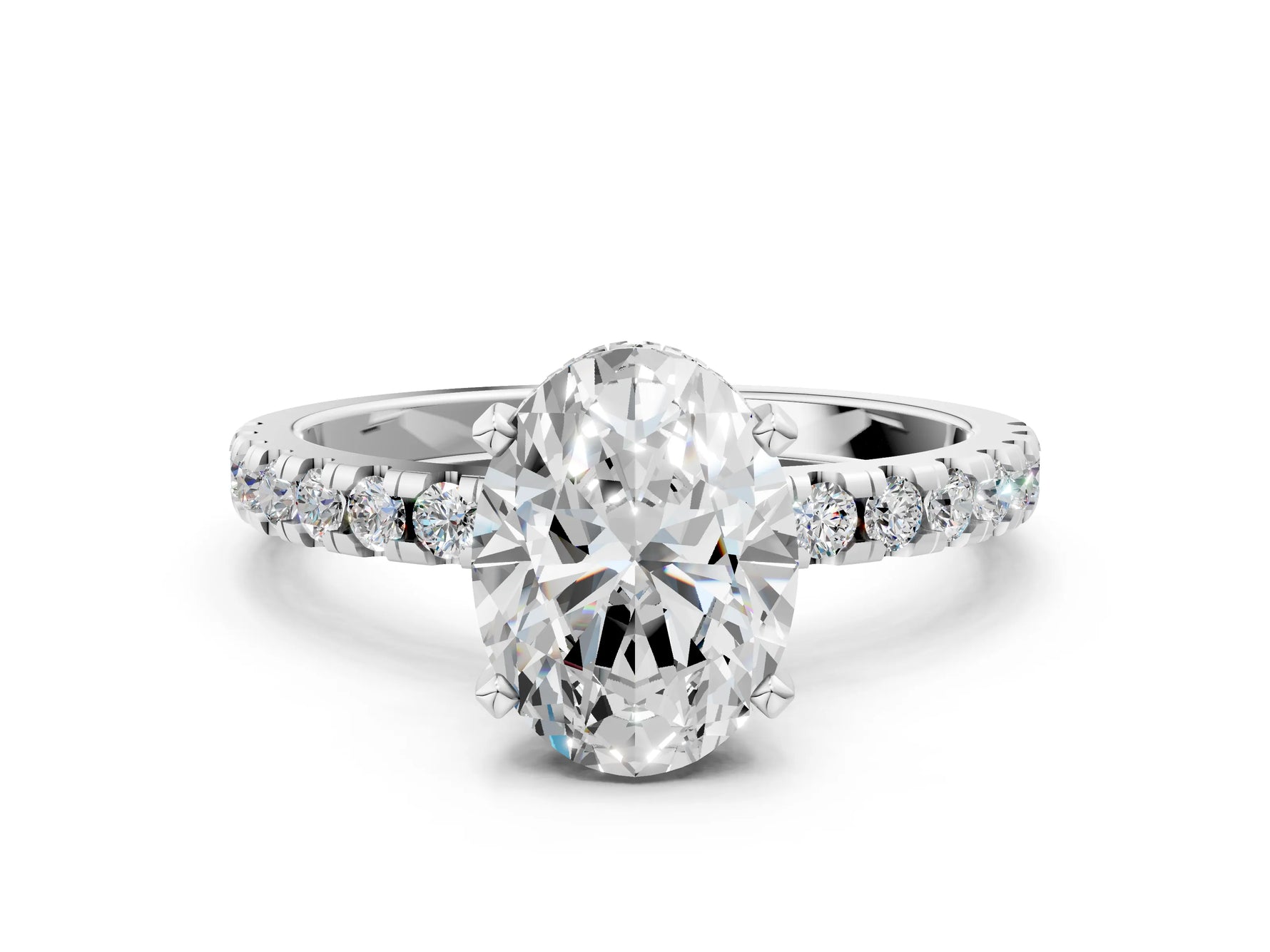 Oval Cut Diamond Hidden Halo Solitaire Ring in White gold with Round Pavé Band and Prong Setting_36