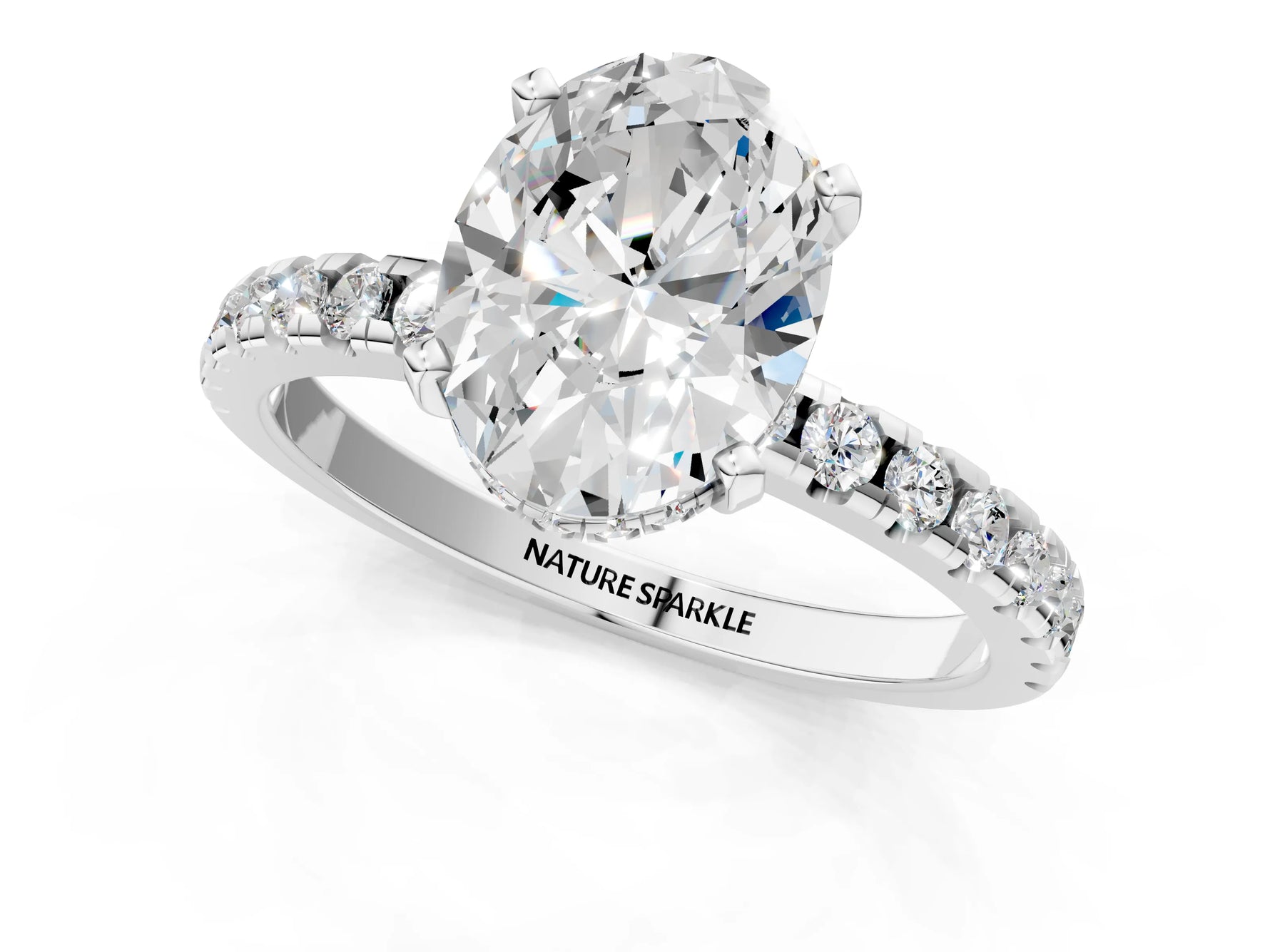 Oval Cut Diamond Hidden Halo Solitaire Ring in White gold with Round Pavé Band and Prong Setting_37