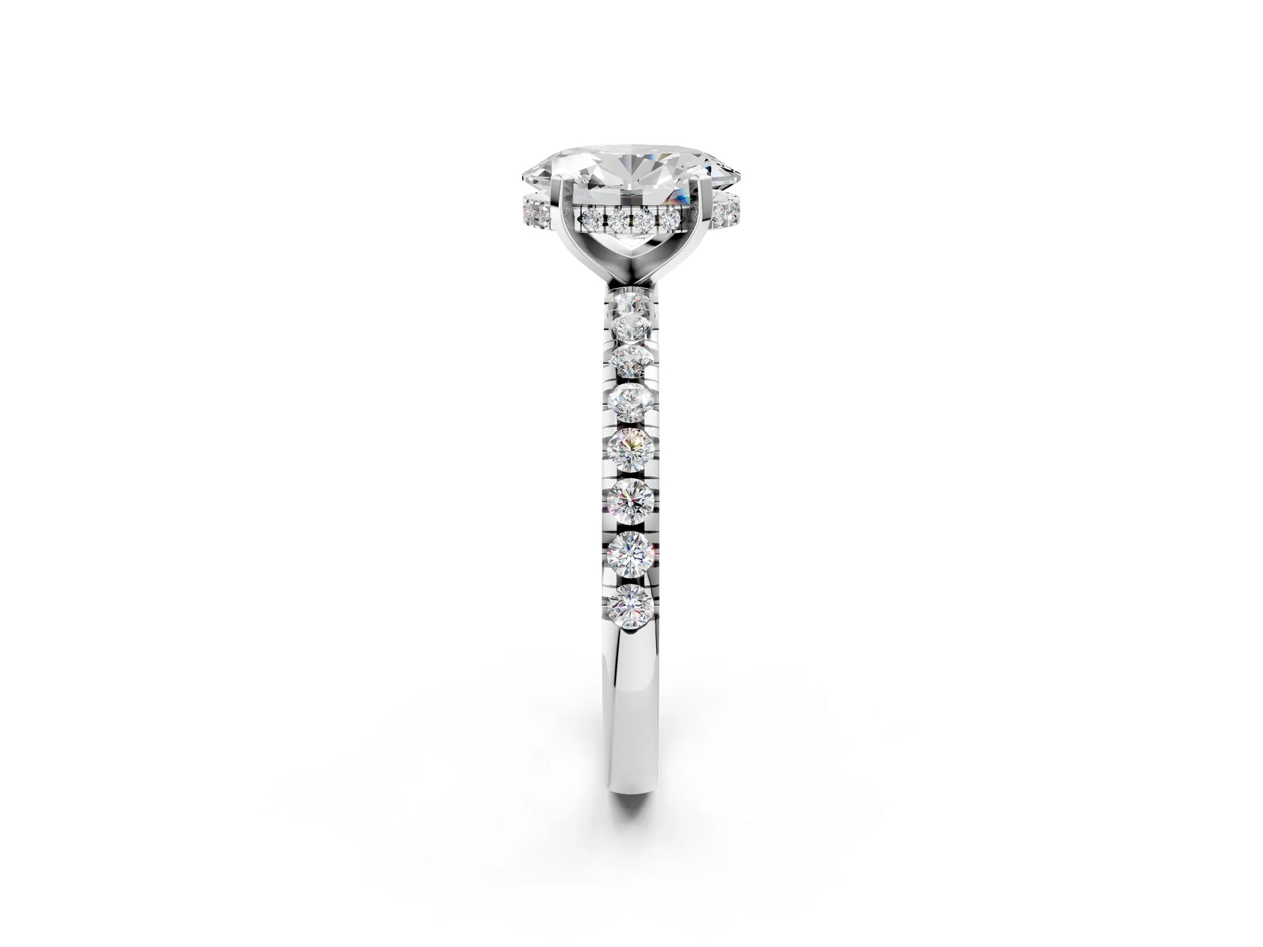 Oval Cut Diamond Hidden Halo Solitaire Ring in White gold with Round Pavé Band and Prong Setting_38