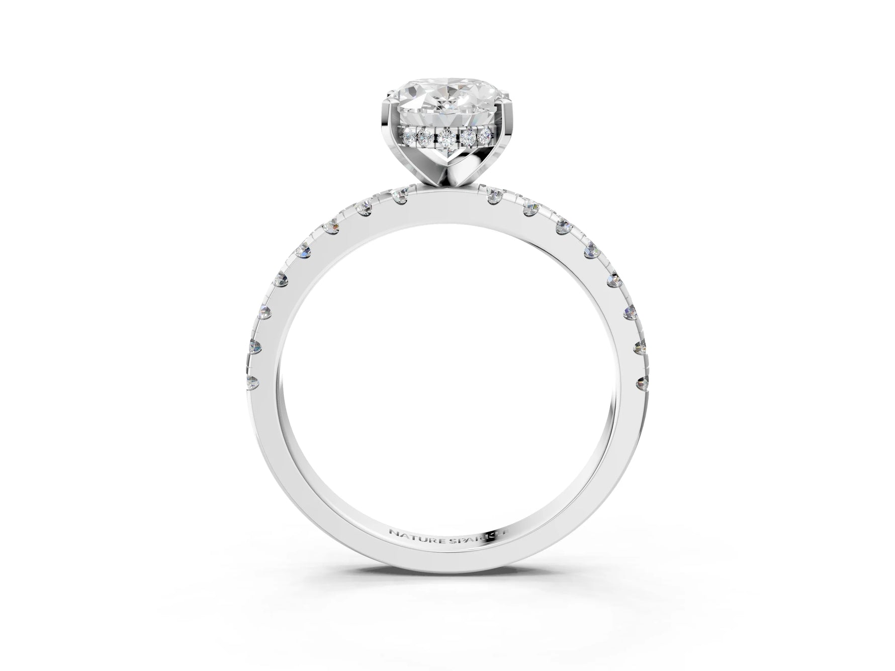 Oval Cut Diamond Hidden Halo Solitaire Ring in White gold with Round Pavé Band and Prong Setting_39