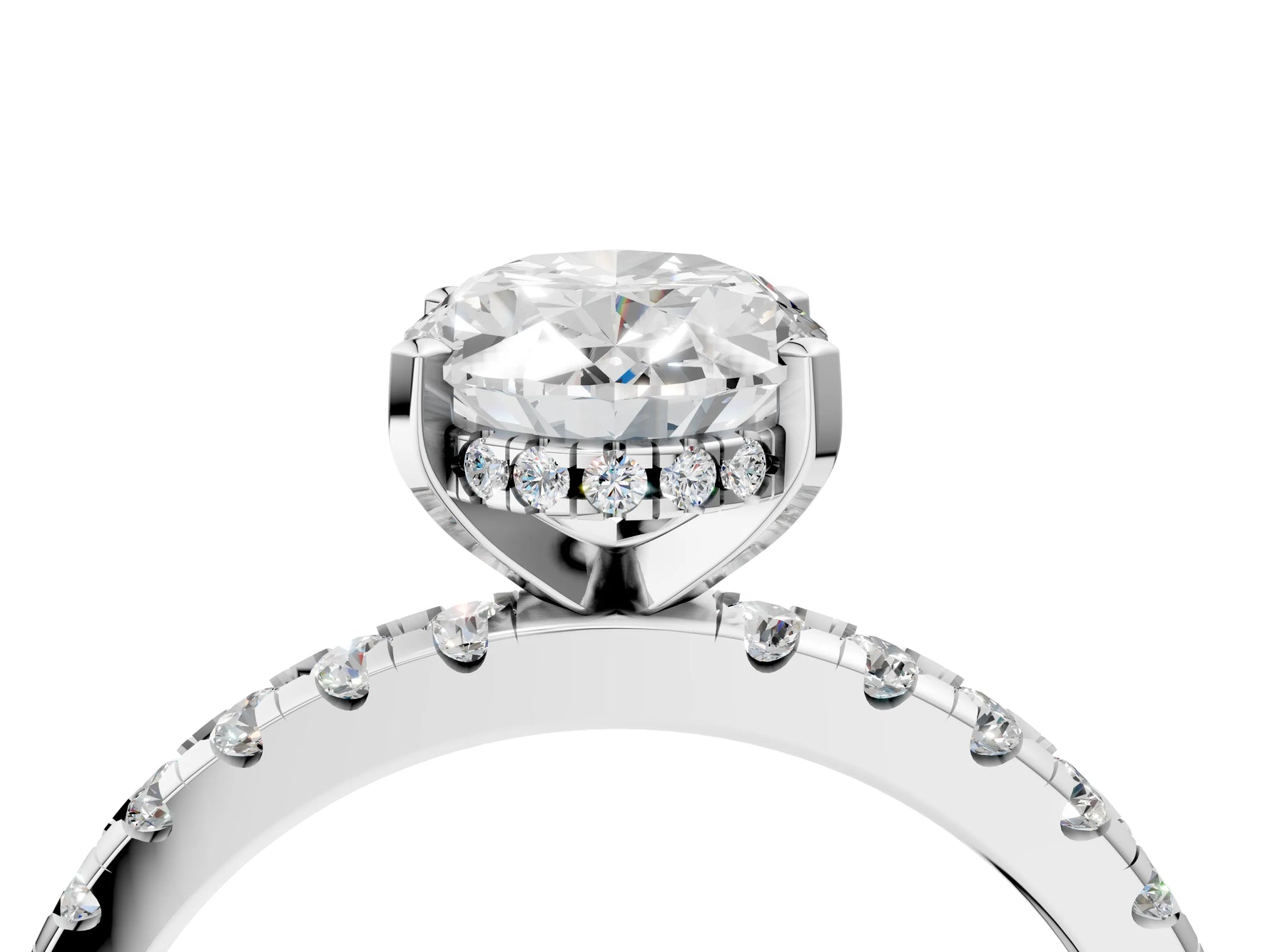 Oval Cut Diamond Hidden Halo Solitaire Ring in White gold with Round Pavé Band and Prong Setting_40