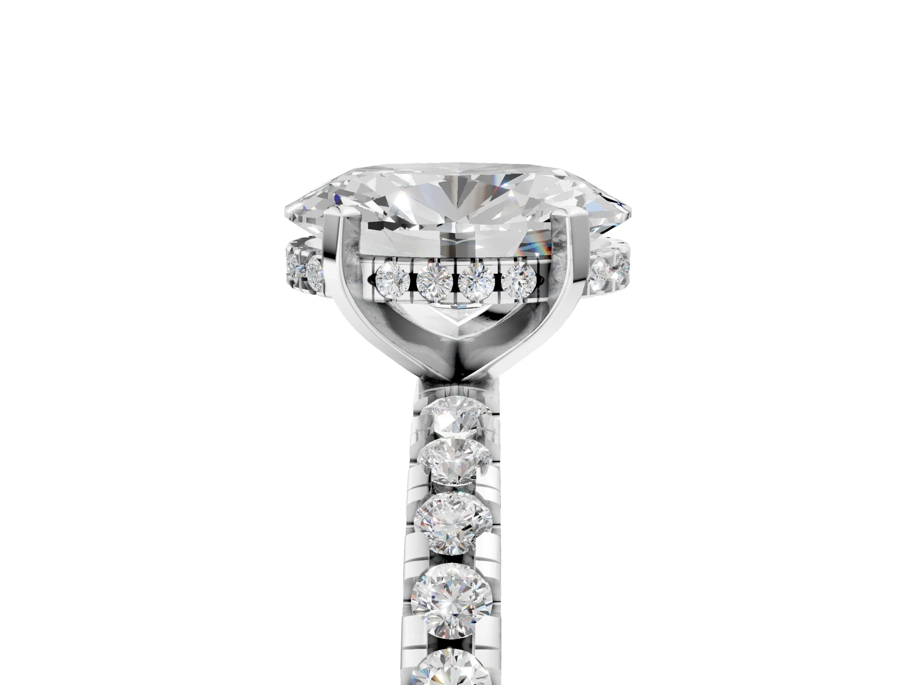 Oval Cut Diamond Hidden Halo Solitaire Ring in White gold with Round Pavé Band and Prong Setting_41