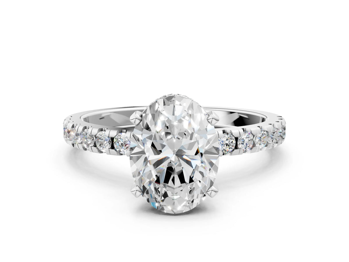 Oval Cut Diamond Hidden Halo Solitaire Ring in White gold with Round Pavé Band and Prong Setting_48