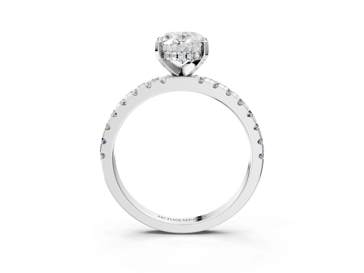 Oval Cut Diamond Hidden Halo Solitaire Ring in White gold with Round Pavé Band and Prong Setting_51