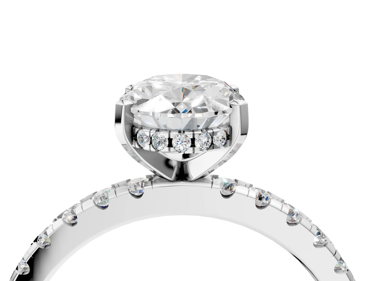 Oval Cut Diamond Hidden Halo Solitaire Ring in White gold with Round Pavé Band and Prong Setting_52