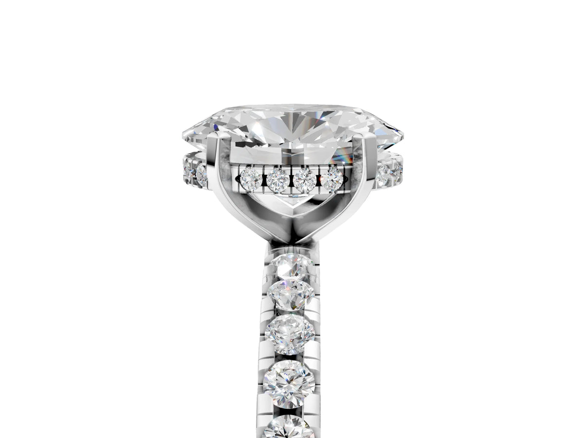 Oval Cut Diamond Hidden Halo Solitaire Ring in White gold with Round Pavé Band and Prong Setting_53