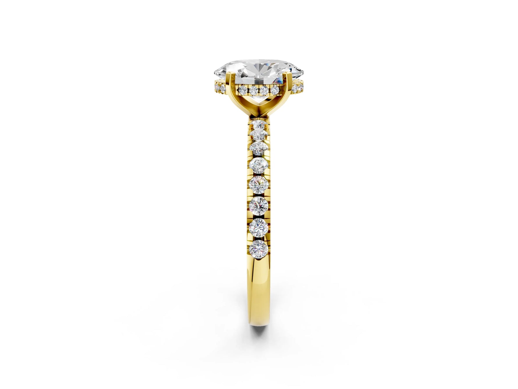Oval Cut Diamond Hidden Halo Solitaire Ring in Yellow gold with Round Pavé Band and Prong Setting_26