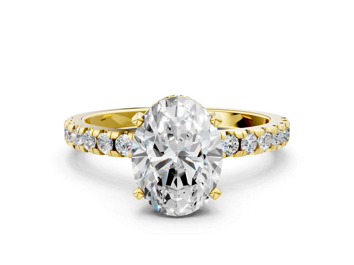 Oval Cut Diamond Hidden Halo Solitaire Ring in Yellow gold with Round Pavé Band and Prong Setting_36