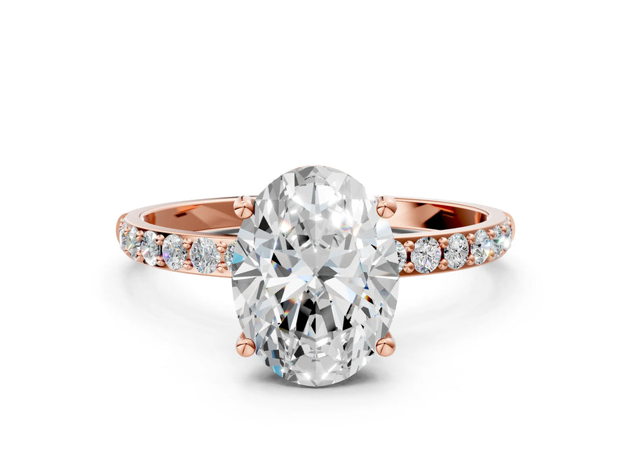 Oval Cut Diamond Pavé Band Solitaire Ring in Rose gold with Round Accents