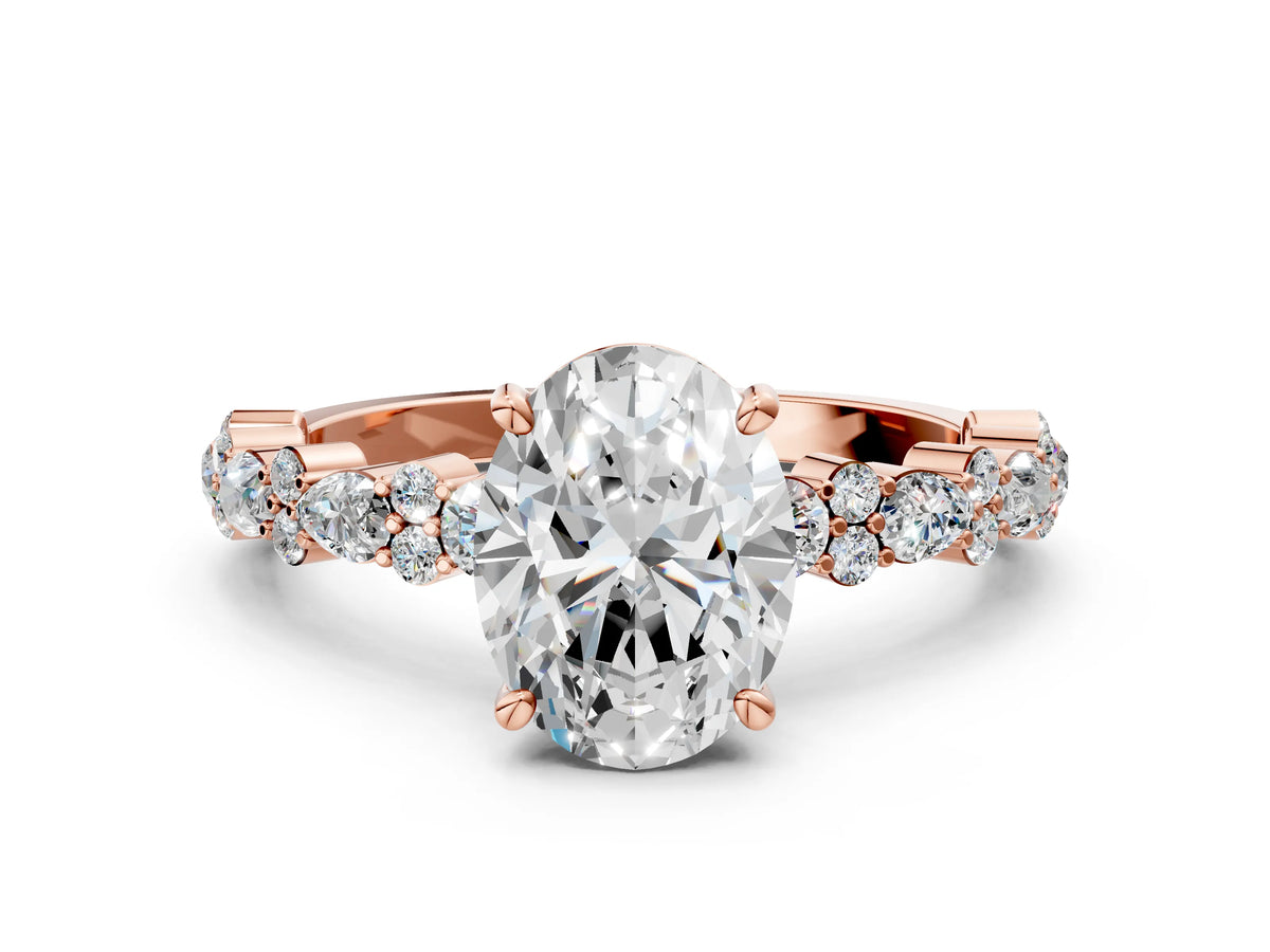 Oval Cut Diamond Solitaire Ring in Rose gold with Pear and Round Cluster Band_12