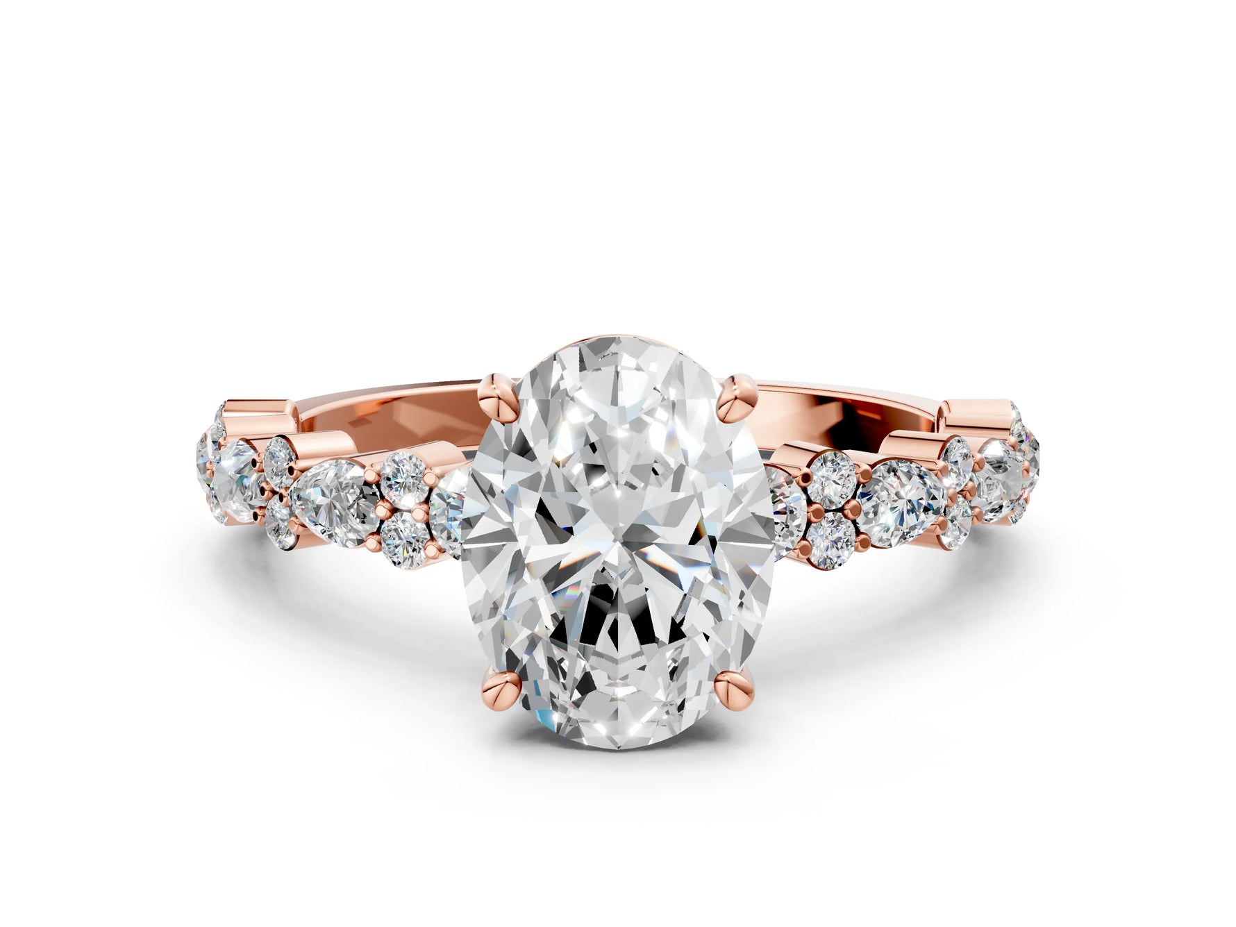 Oval Cut Diamond Solitaire Ring in Rose gold with Pear and Round Cluster Band_12