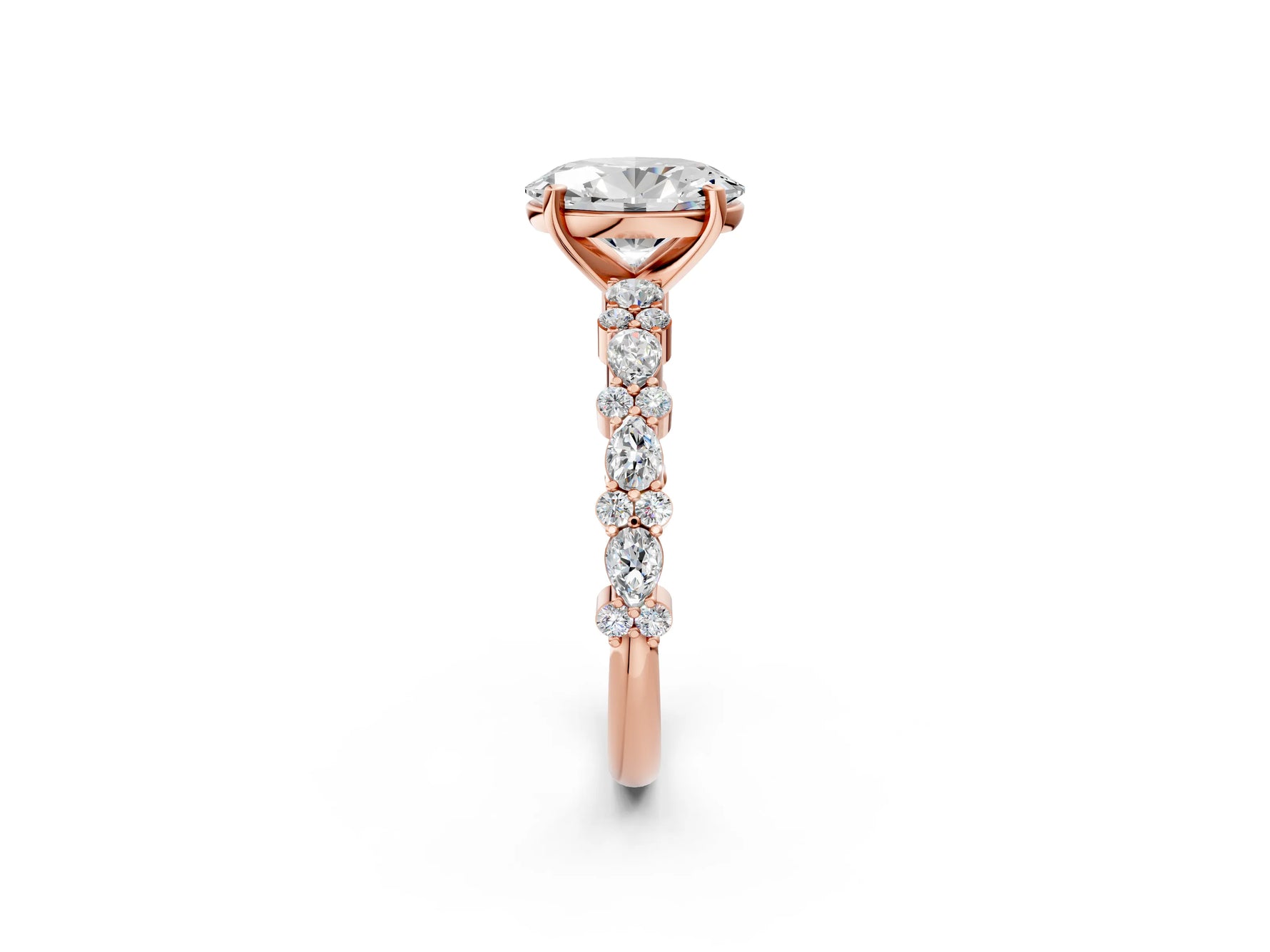 Oval Cut Diamond Solitaire Ring in Rose gold with Pear and Round Cluster Band_14