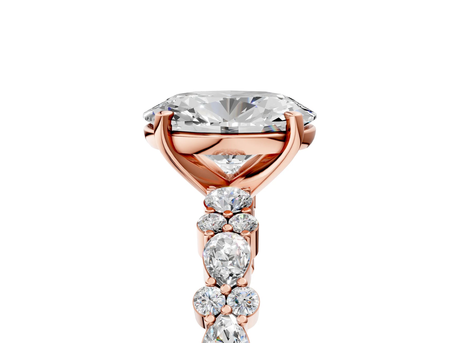 Oval Cut Diamond Solitaire Ring in Rose gold with Pear and Round Cluster Band_17