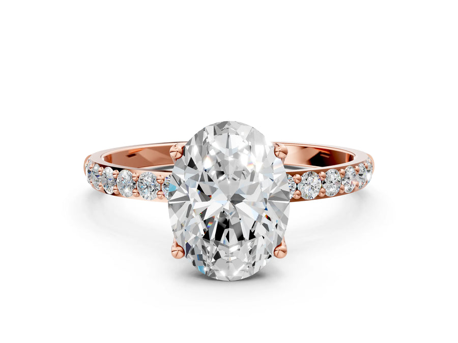 Oval Cut Diamond Solitaire Ring in Rose gold with Round Shared Prong Pavé Band