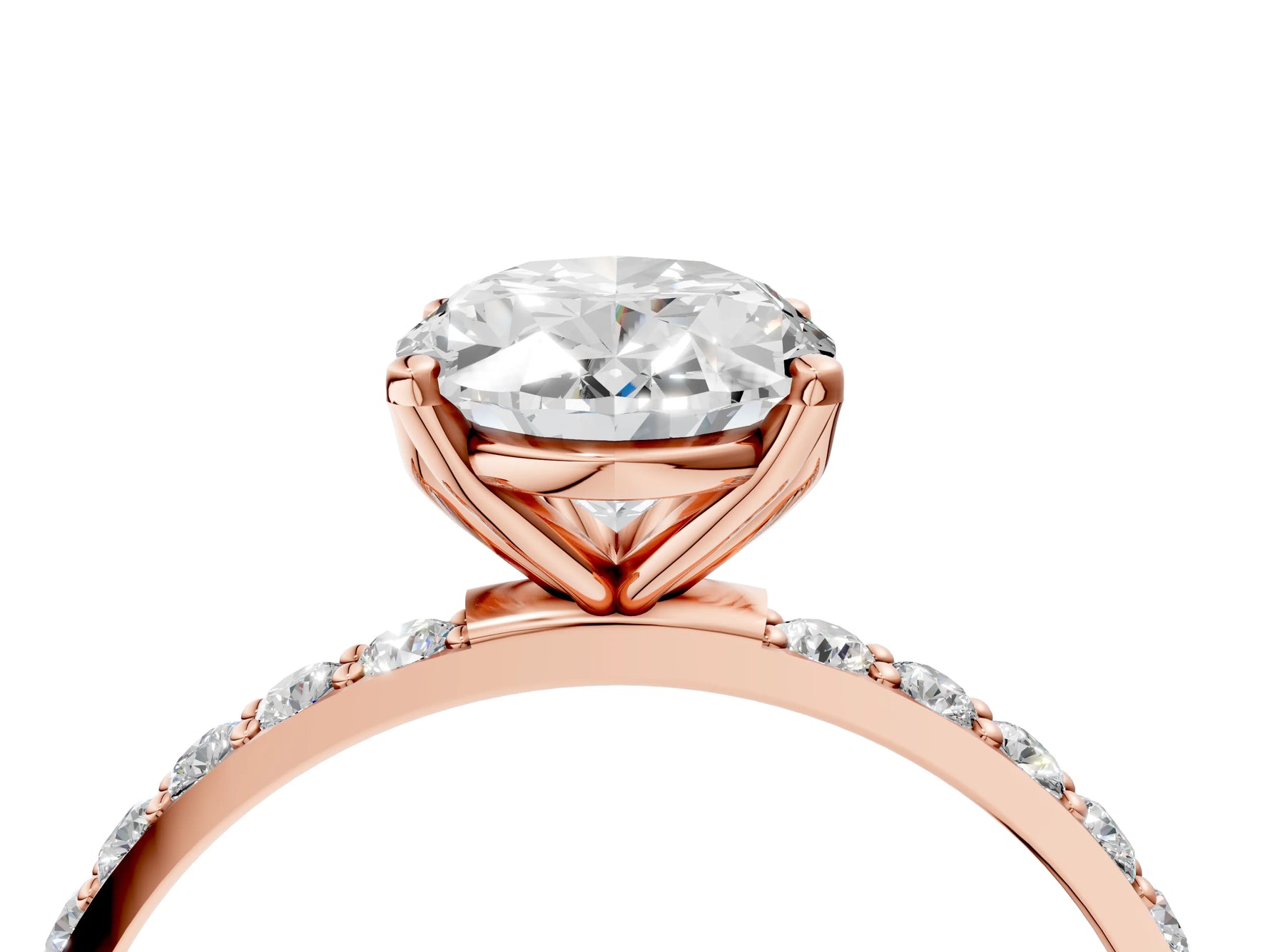Oval Cut Diamond Solitaire Ring in Rose gold with Round Shared Prong Pavé Band_22