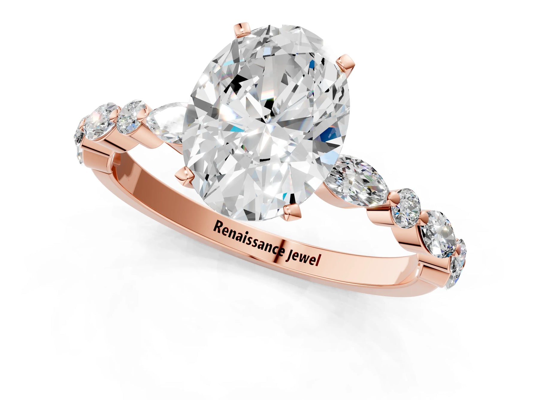 Oval Cut Diamond Solitaire Ring in Rose gold with Shared Prong Marquise and Round Side Stones_13