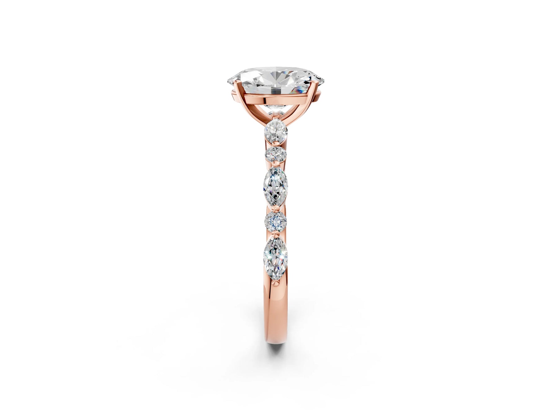 Oval Cut Diamond Solitaire Ring in Rose gold with Shared Prong Marquise and Round Side Stones_14