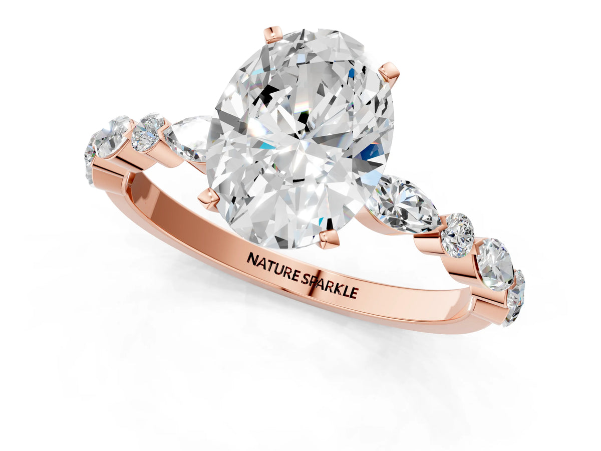 Oval Cut Diamond Solitaire Ring in Rose gold with Shared Prong Marquise and Round Side Stones_37