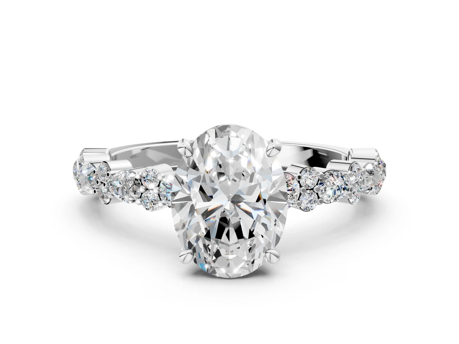 Oval Cut Diamond Solitaire Ring in White gold with Pear and Round Cluster Band_12