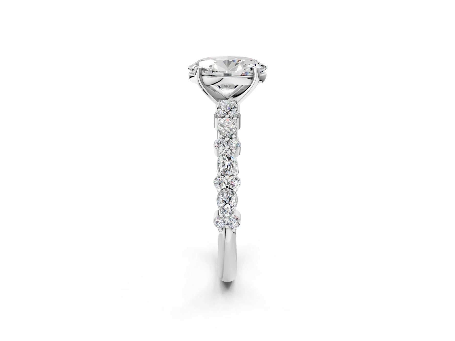 Oval Cut Diamond Solitaire Ring in White gold with Pear and Round Cluster Band_14