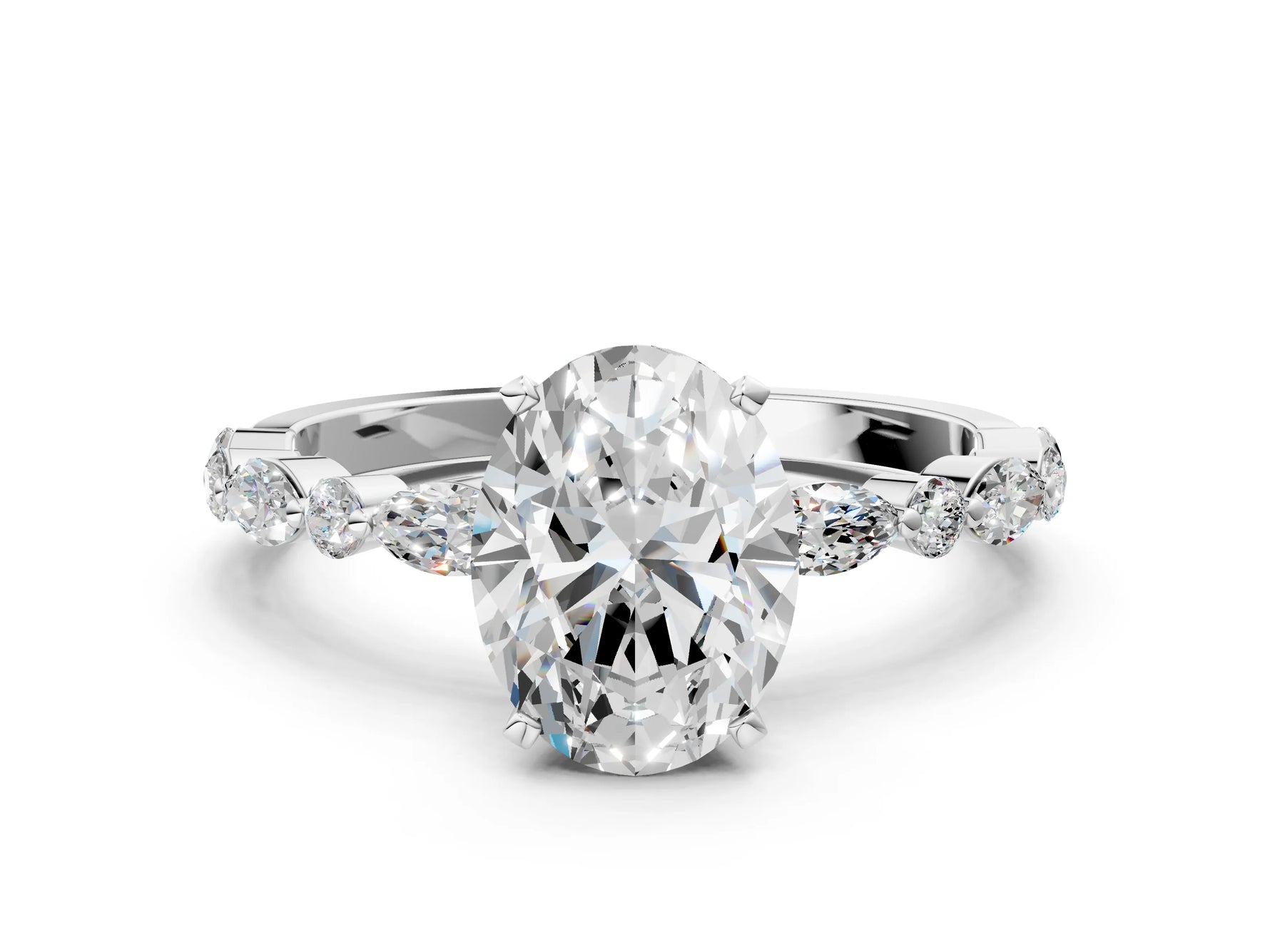 Oval Cut Diamond Solitaire Ring in White gold with Shared Prong Marquise and Round Side Stones_12