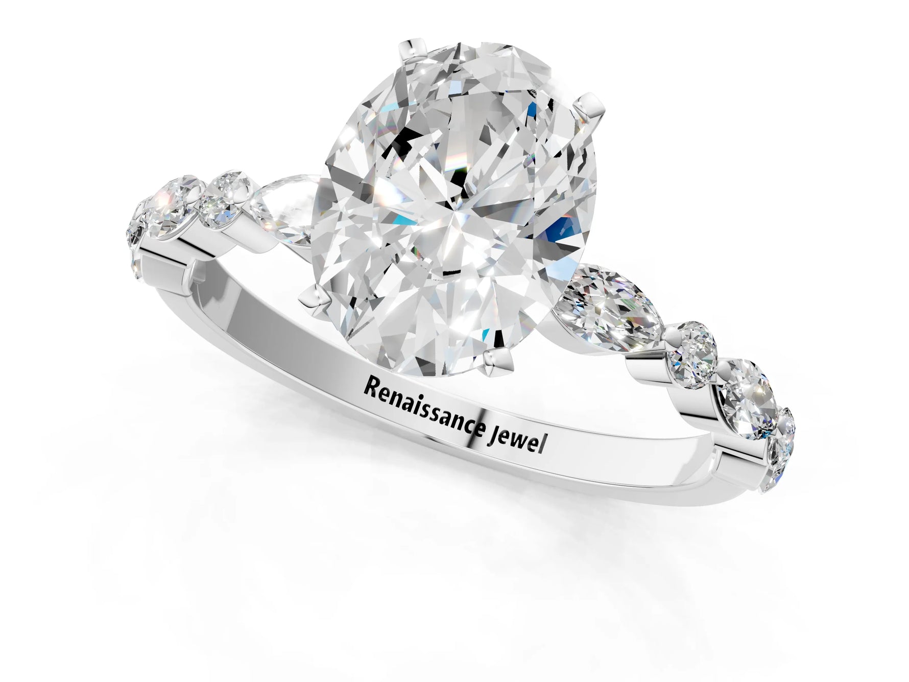 Oval Cut Diamond Solitaire Ring in White gold with Shared Prong Marquise and Round Side Stones_13