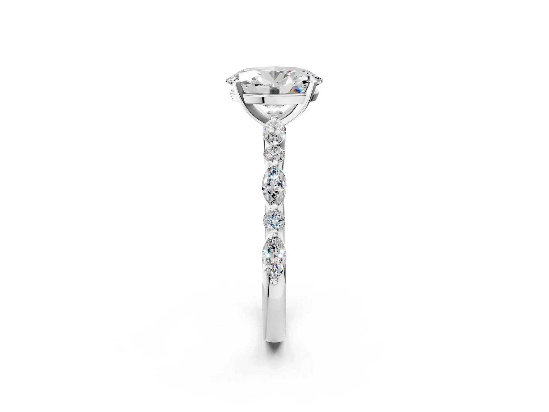 Oval Cut Diamond Solitaire Ring in White gold with Shared Prong Marquise and Round Side Stones_14