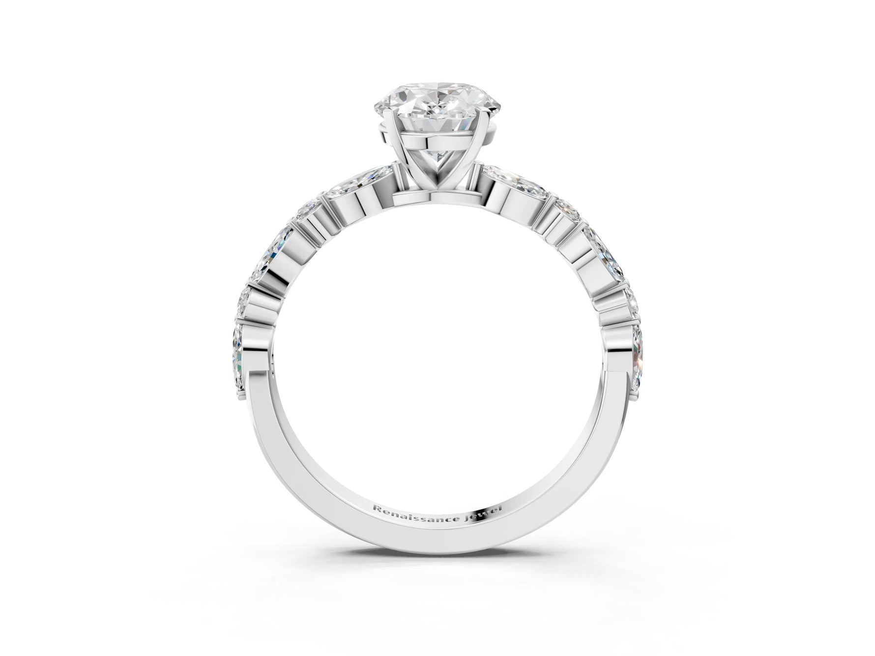 Oval Cut Diamond Solitaire Ring in White gold with Shared Prong Marquise and Round Side Stones_15