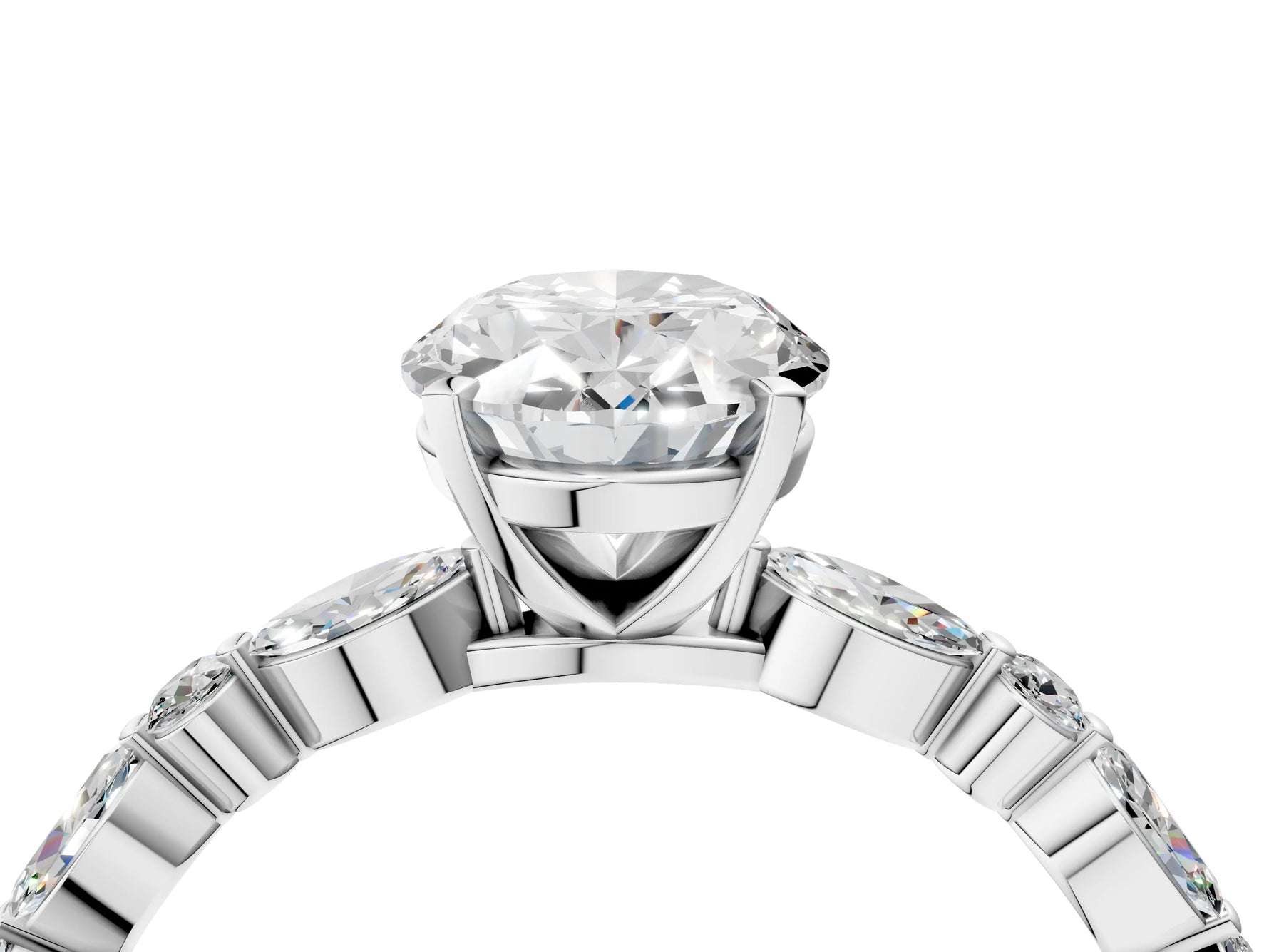 Oval Cut Diamond Solitaire Ring in White gold with Shared Prong Marquise and Round Side Stones_16