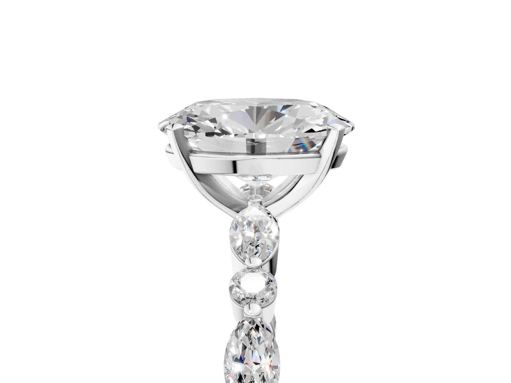 Oval Cut Diamond Solitaire Ring in White gold with Shared Prong Marquise and Round Side Stones_17