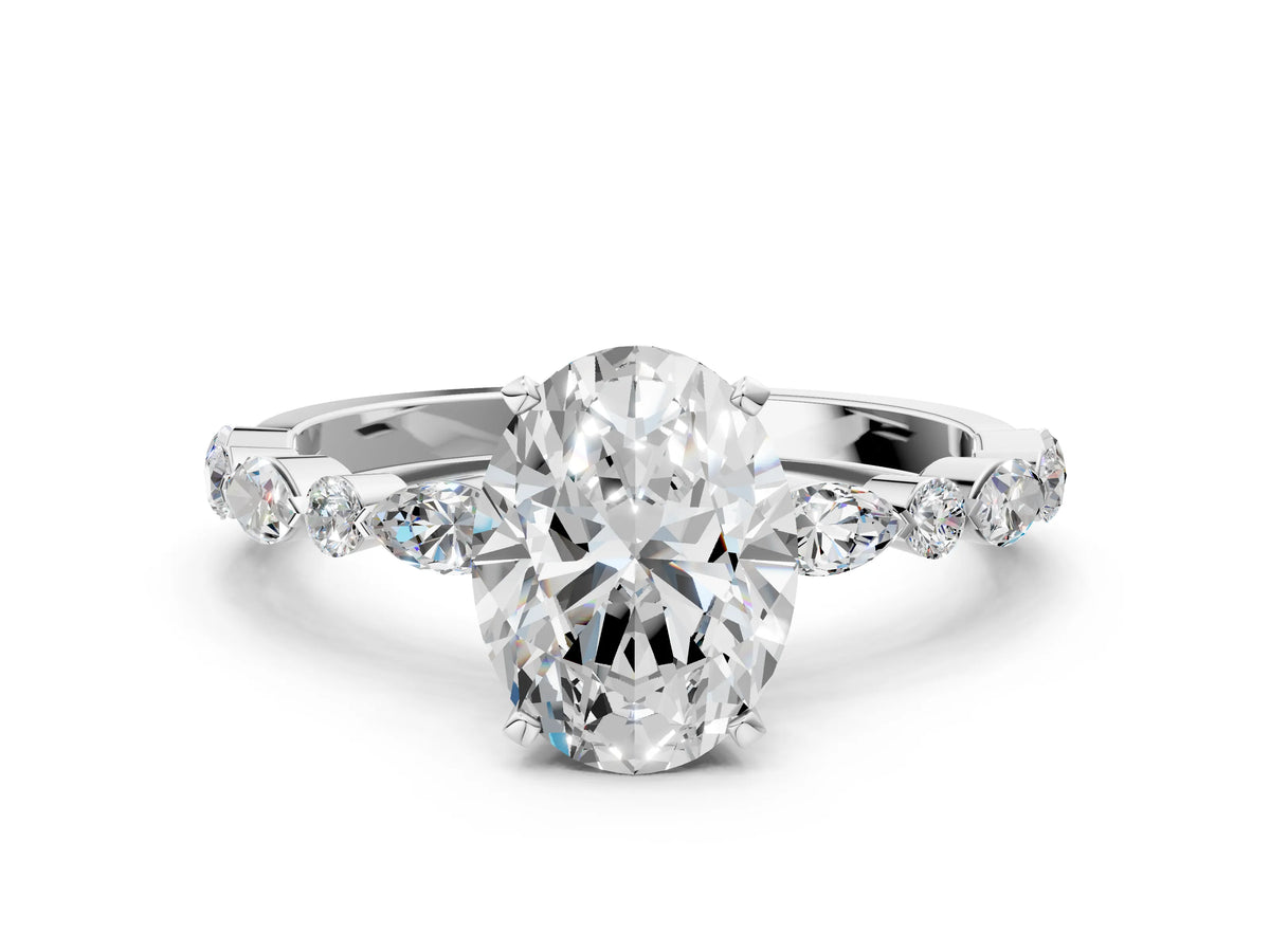 Oval Cut Diamond Solitaire Ring in White gold with Shared Prong Marquise and Round Side Stones_36