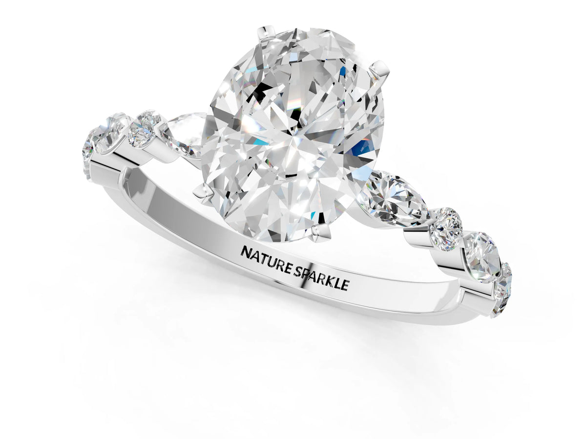 Oval Cut Diamond Solitaire Ring in White gold with Shared Prong Marquise and Round Side Stones_37