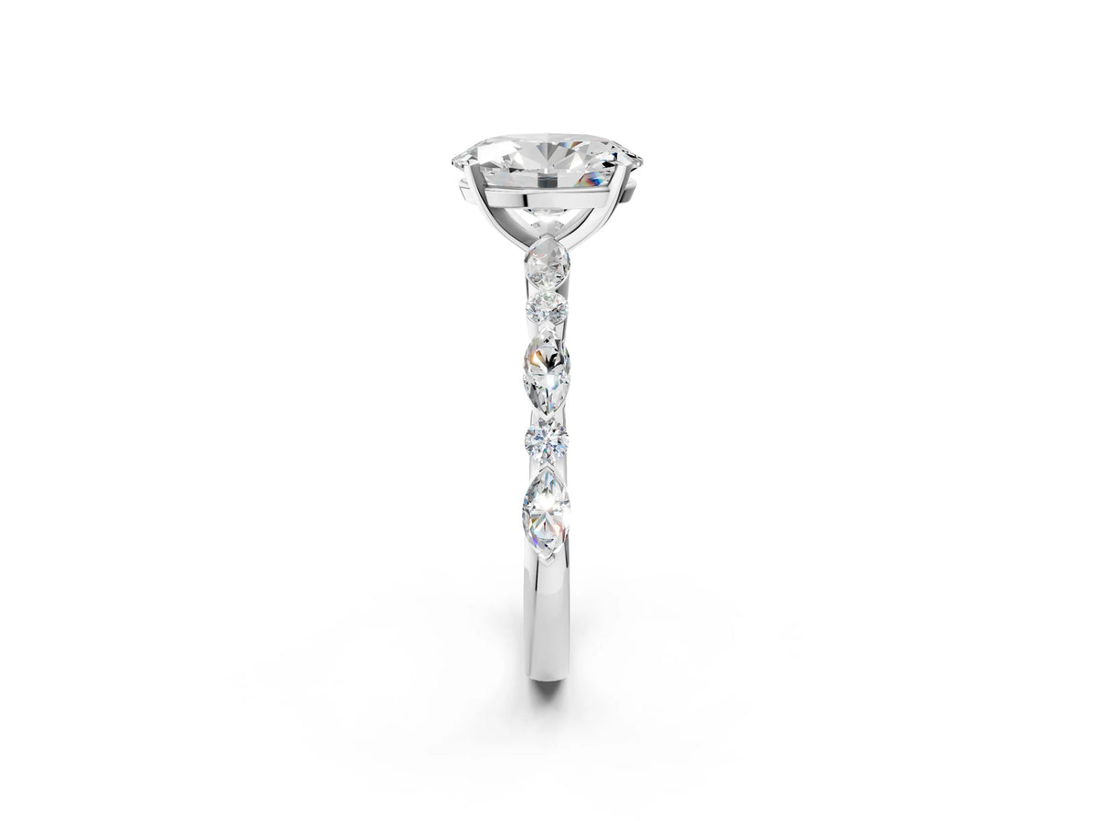 Oval Cut Diamond Solitaire Ring in White gold with Shared Prong Marquise and Round Side Stones_38
