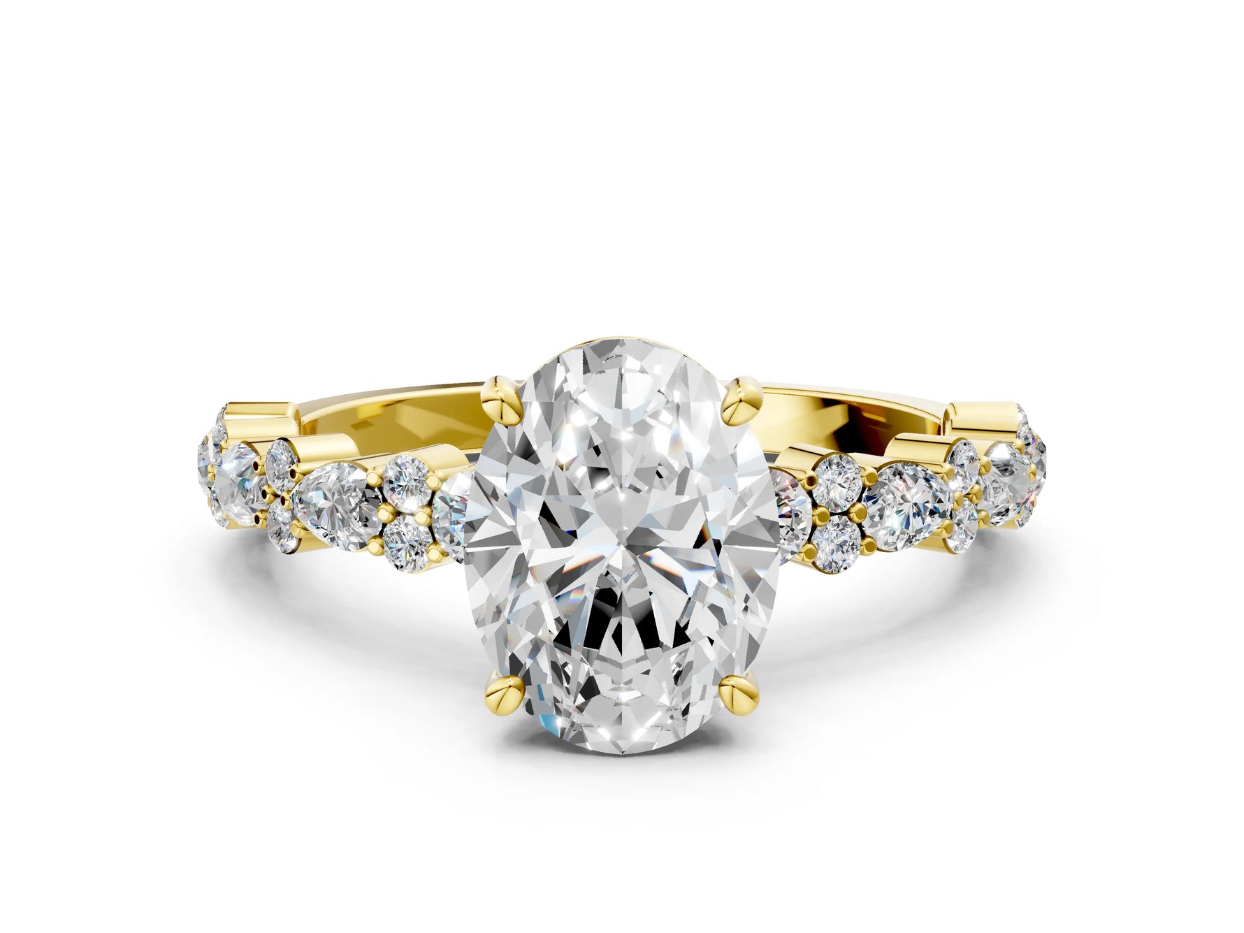 Oval Cut Diamond Solitaire Ring in Yellow gold with Pear and Round Cluster Band_12