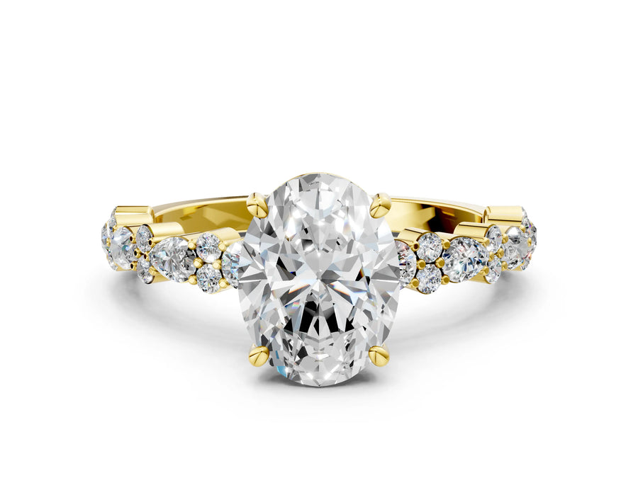 Oval Cut Diamond Solitaire Ring in Yellow gold with Pear and Round Cluster Band