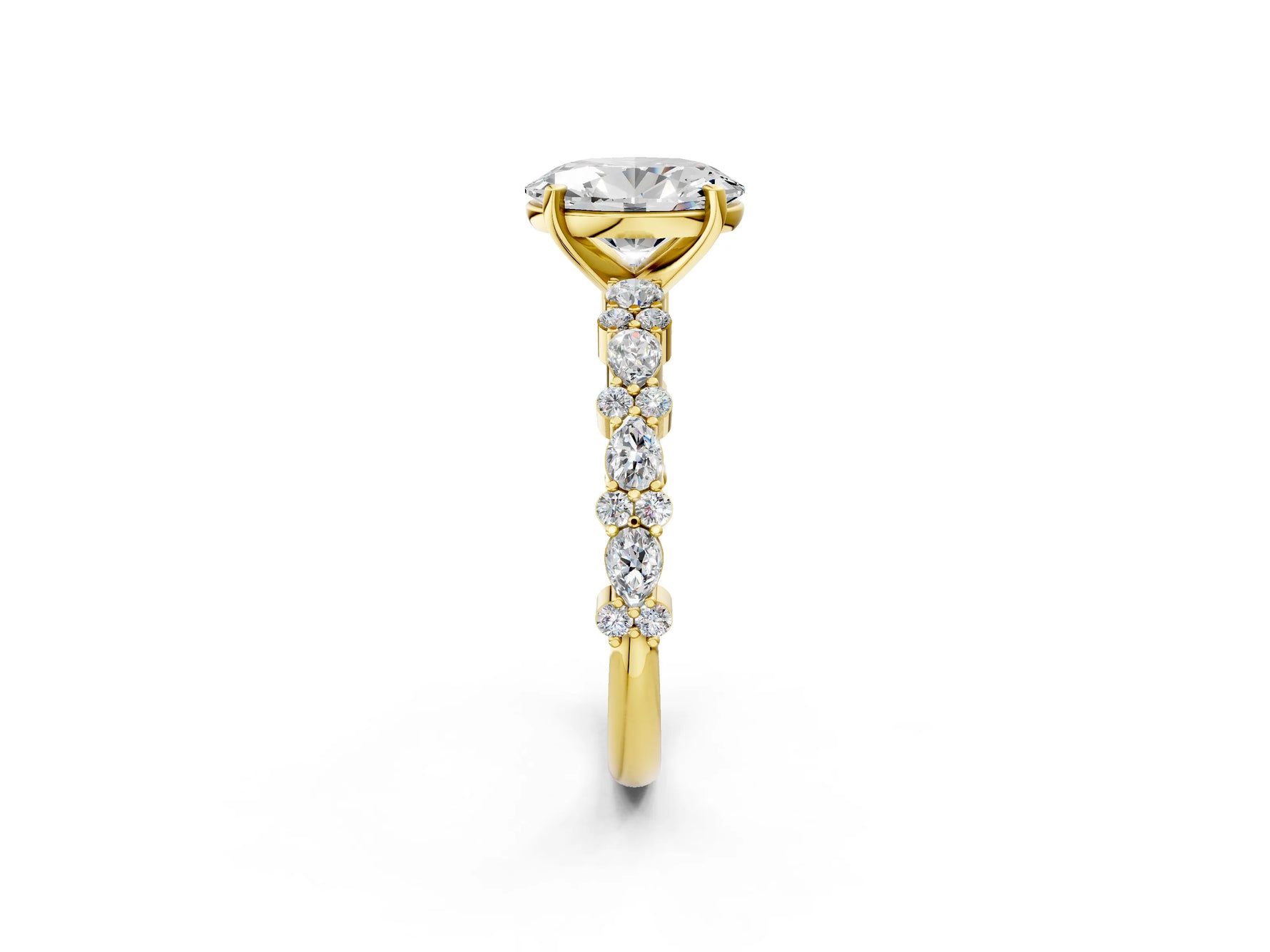 Oval Cut Diamond Solitaire Ring in Yellow gold with Pear and Round Cluster Band_14