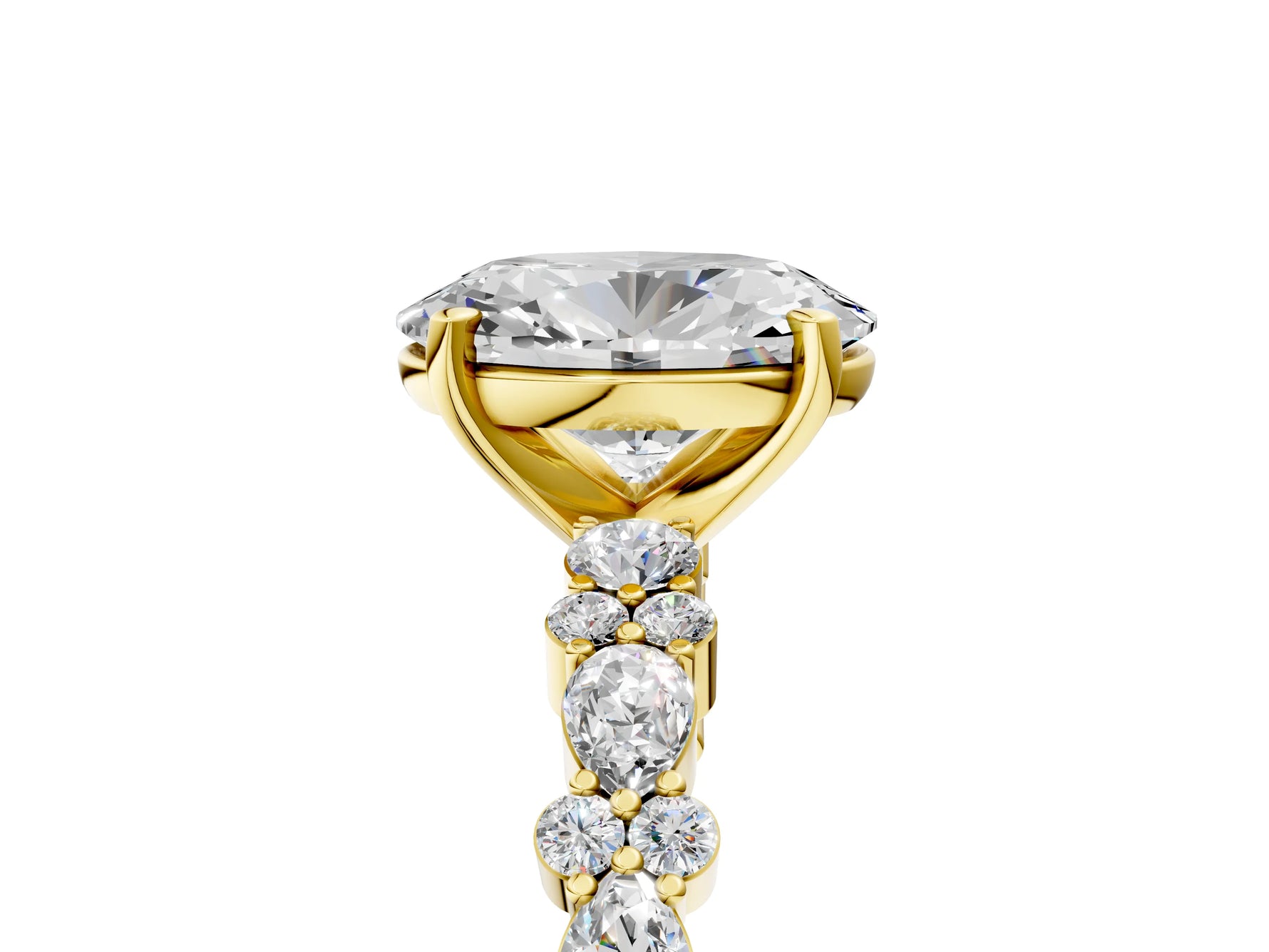 Oval Cut Diamond Solitaire Ring in Yellow gold with Pear and Round Cluster Band_17