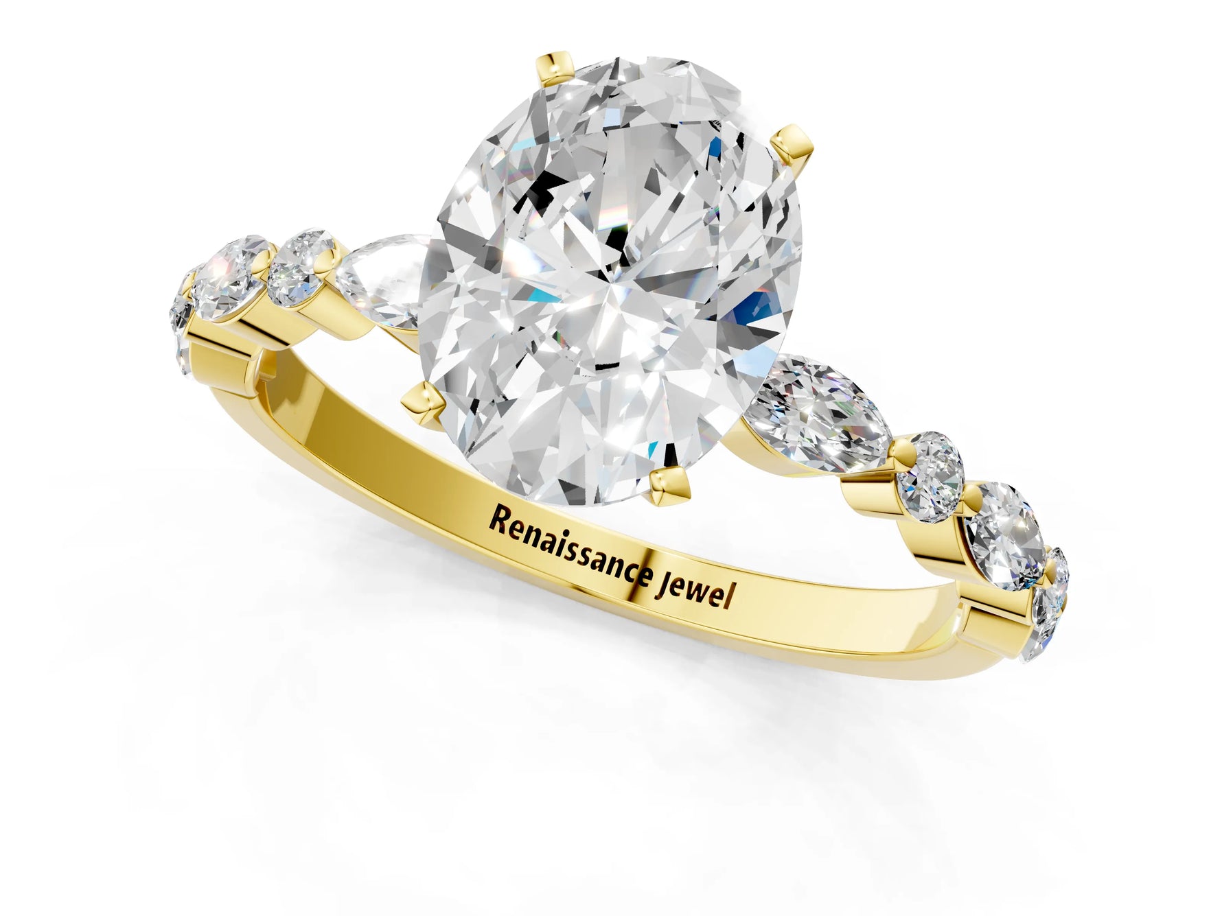 Oval Cut Diamond Solitaire Ring in Yellow gold with Shared Prong Marquise and Round Side Stones_13