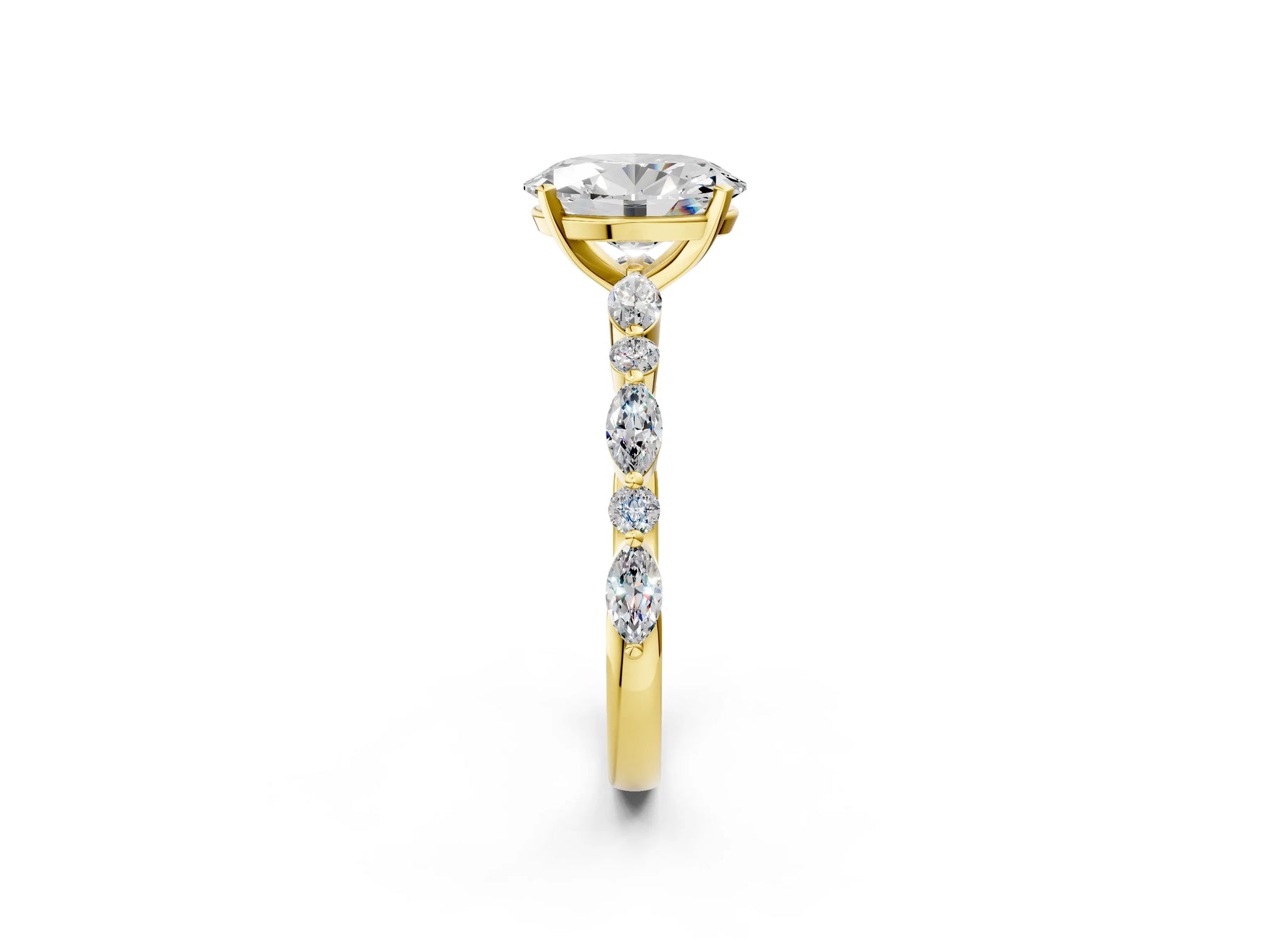 Oval Cut Diamond Solitaire Ring in Yellow gold with Shared Prong Marquise and Round Side Stones_14
