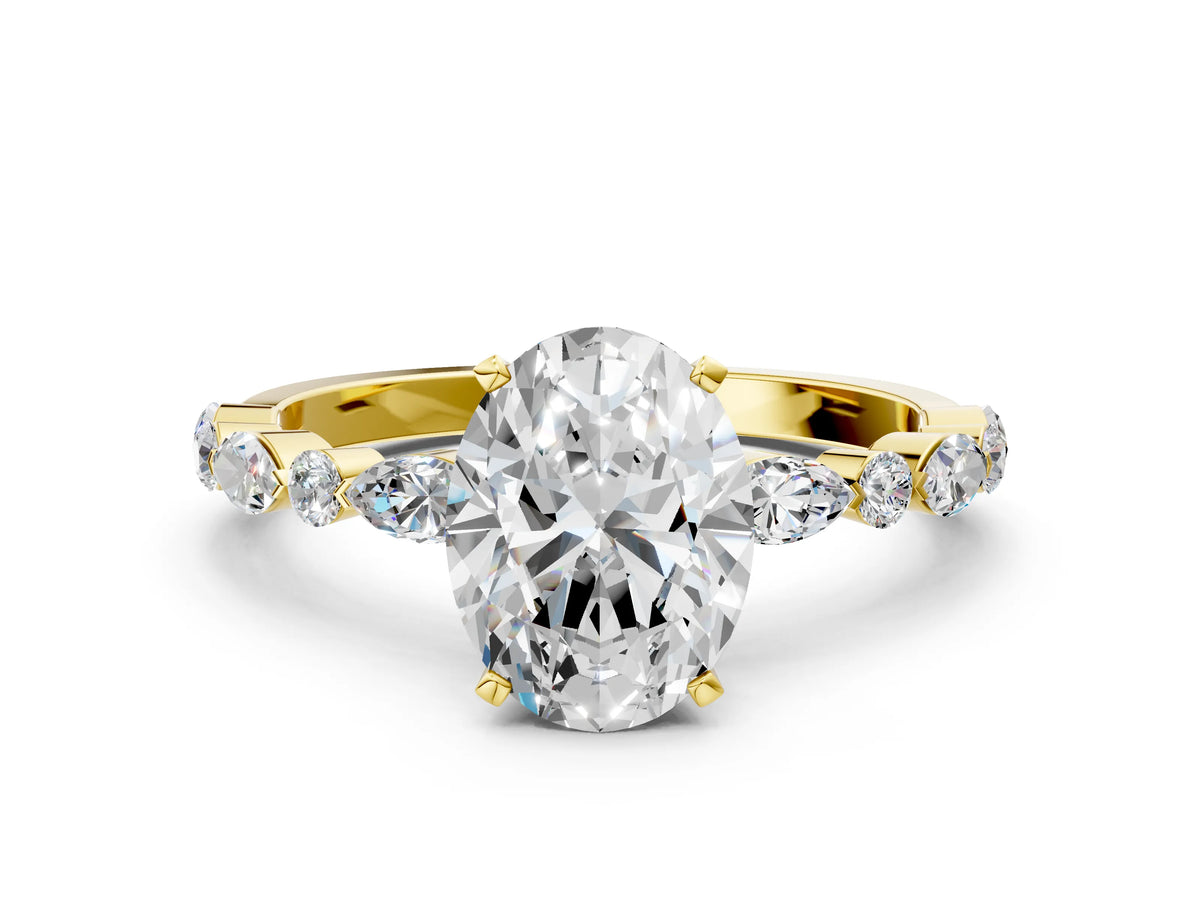 Oval Cut Diamond Solitaire Ring in Yellow gold with Shared Prong Marquise and Round Side Stones_36