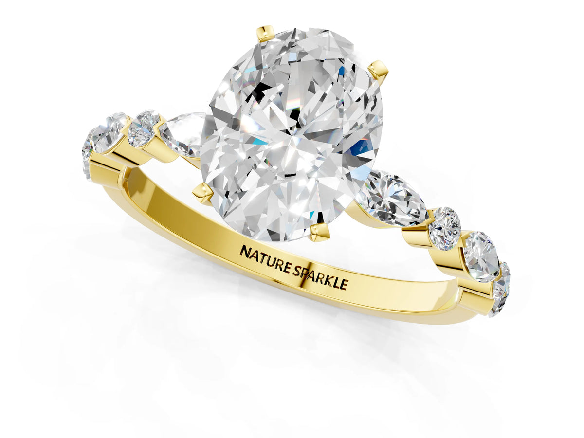 Oval Cut Diamond Solitaire Ring in Yellow gold with Shared Prong Marquise and Round Side Stones_37