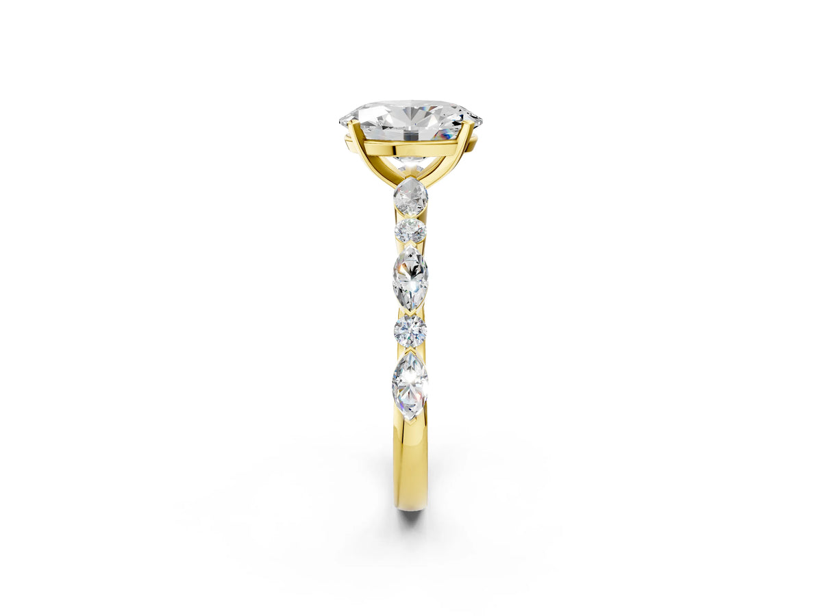 Oval Cut Diamond Solitaire Ring in Yellow gold with Shared Prong Marquise and Round Side Stones_38