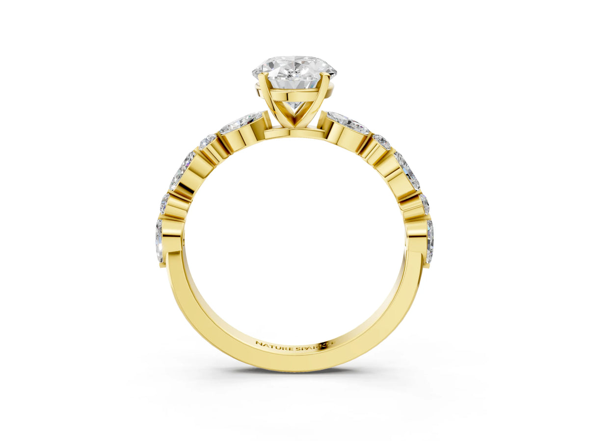 Oval Cut Diamond Solitaire Ring in Yellow gold with Shared Prong Marquise and Round Side Stones_39