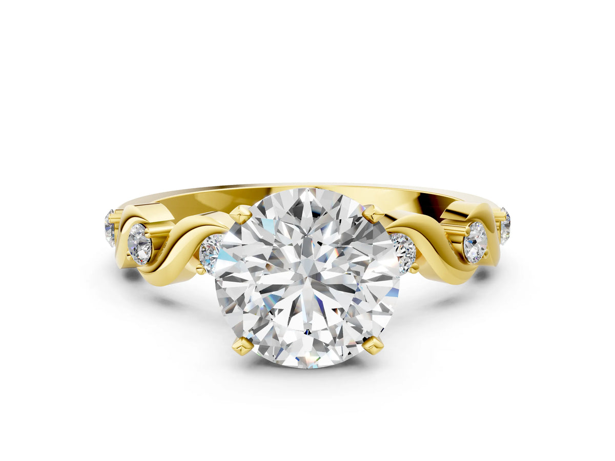Oval Cut Diamond Solitaire Ring in Yellow gold with Twisted Ribbon Band and Round Accents