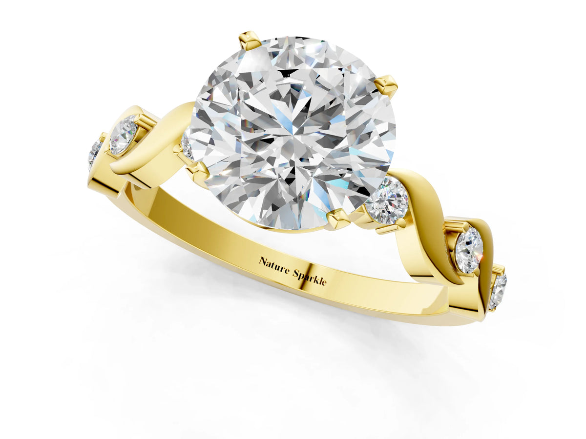 Oval Cut Diamond Solitaire Ring in Yellow gold with Twisted Ribbon Band and Round Accents_1