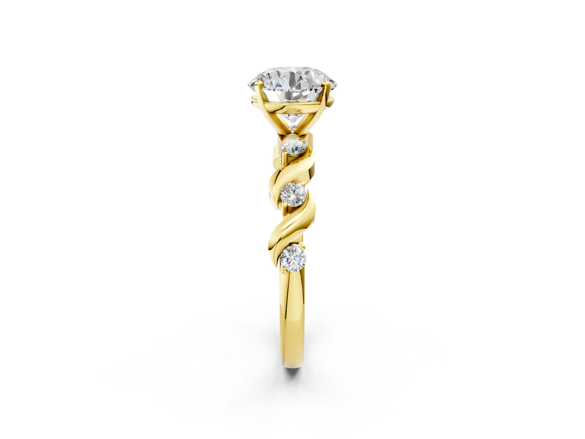 Oval Cut Diamond Solitaire Ring in Yellow gold with Twisted Ribbon Band and Round Accents_2